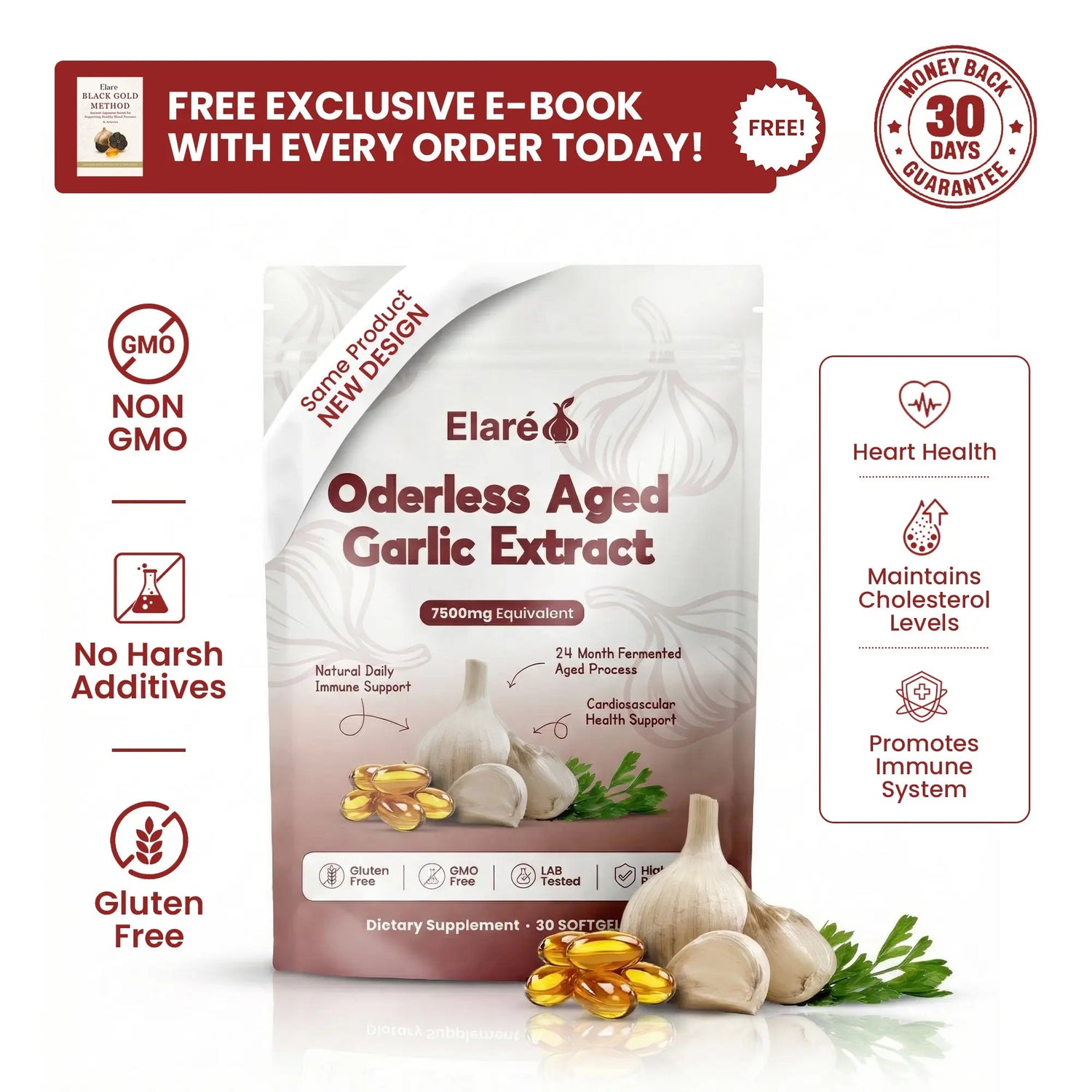 Aged Garlic Extract - 7500mg Odorless Softgels Elare