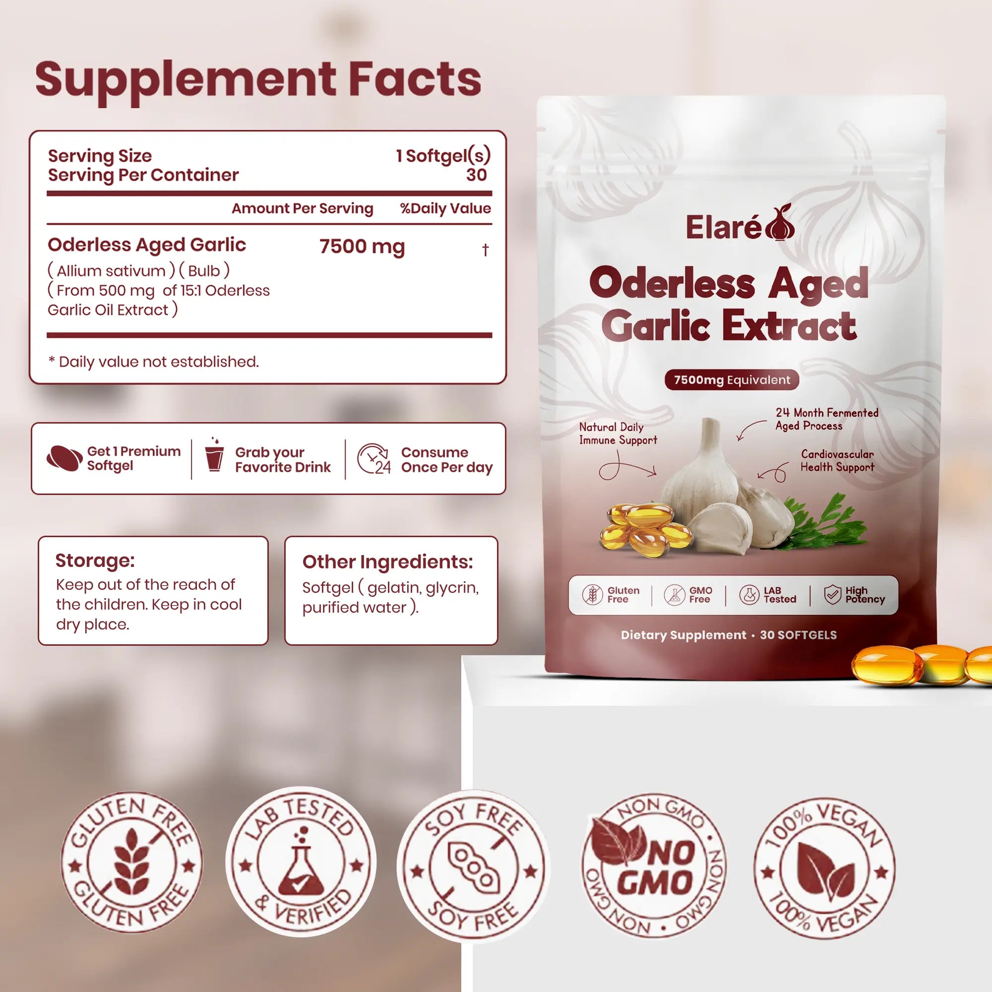 Garlic Extact Aged Garlic Extract - 7500mg Odorless - Elare